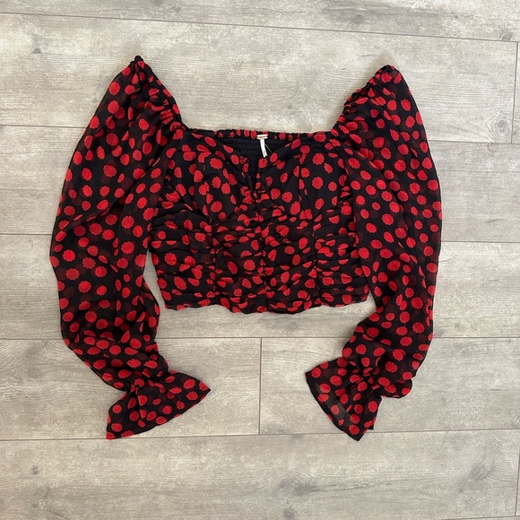 New Free People Red Black Parka Top Retro Style Smocked Crop Valentine - Picture 3 of 8